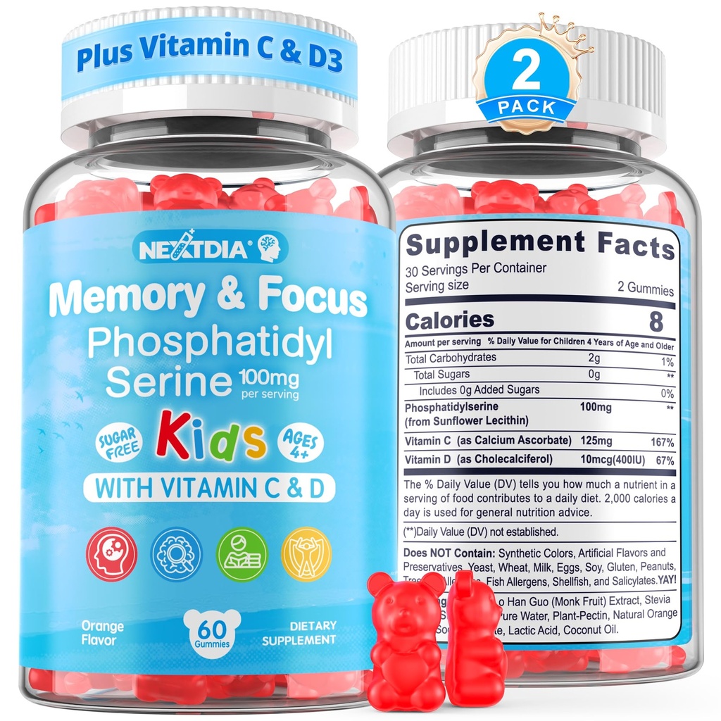 Phosphatidylserine Supplement 100mg, Focus Gummies for Kids Teens + Vitamin C & D3 400IU, Sugar Free Kids Brain Gummies Increase Attention & Concentration, Chewable, Vegan, Gluten Free, Non-GMO 2 Pack