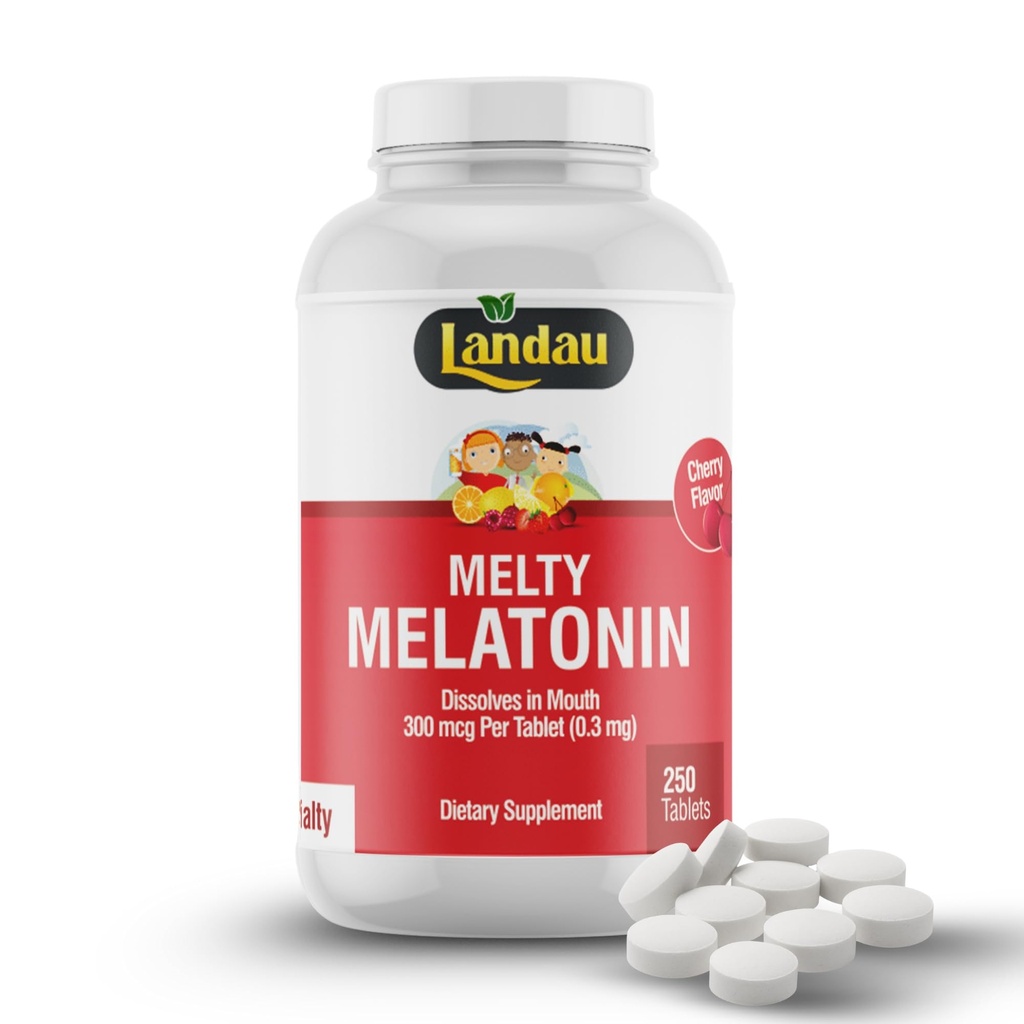 LANDAU Melty Melatonin Fast Dissolve Tablets, Helps You Fall Asleep Faster, Easy to Take, Dissolves in Mouth, Cherry Flavor, 0.3mg - 300 mcg (250)