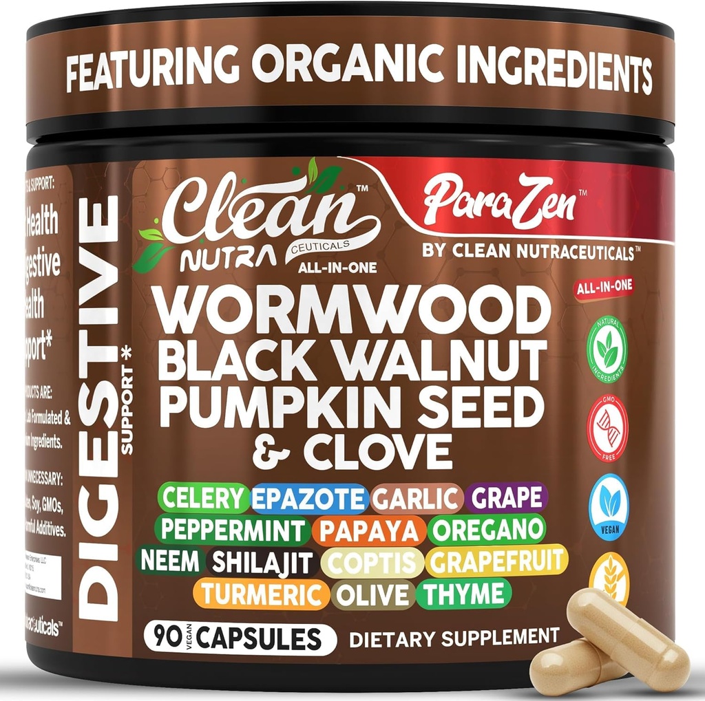 Clean Nutra Wormwood Black Walnut Pompoenzaad Kruidnagel Olie Selderij Knoflook Grape Papaya Neem Diatomaceous Earth Womens Probiotic Gut Health Cleanse Detox Oregano Olive Turmeric Supplement Vegan Capsules
