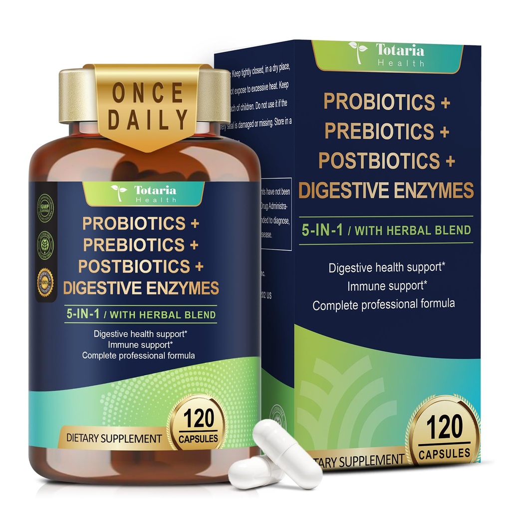 Totaria 5-in-1 60 Miljard CFU Probiotic Prebiotic & Postbiotic for Women & Men, w/Digestieve enzymen, Slippery Elm, Daily Complete Gut Health, Digestief & Immuun Support, 4 maand levering, Veganistisch