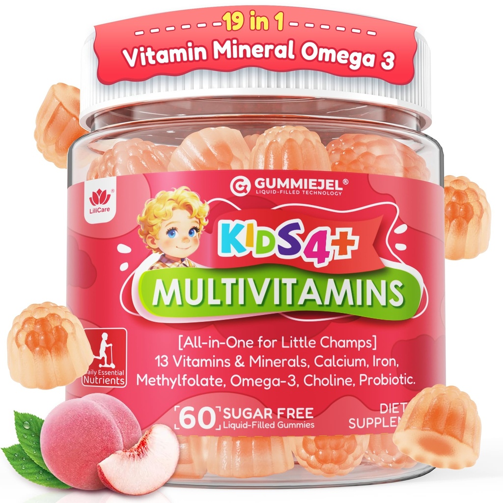 Kids Multivitamin Gummies + Omega 3(DHA/EPA), Methylated Multivitamin for Kids + Iron, Choline, Probiotic, Vitamins A C D3 K2 E, Methylfolate, B6, B12 for Growth, Immune, Bone, Brain, No Sugar, 60 Cts