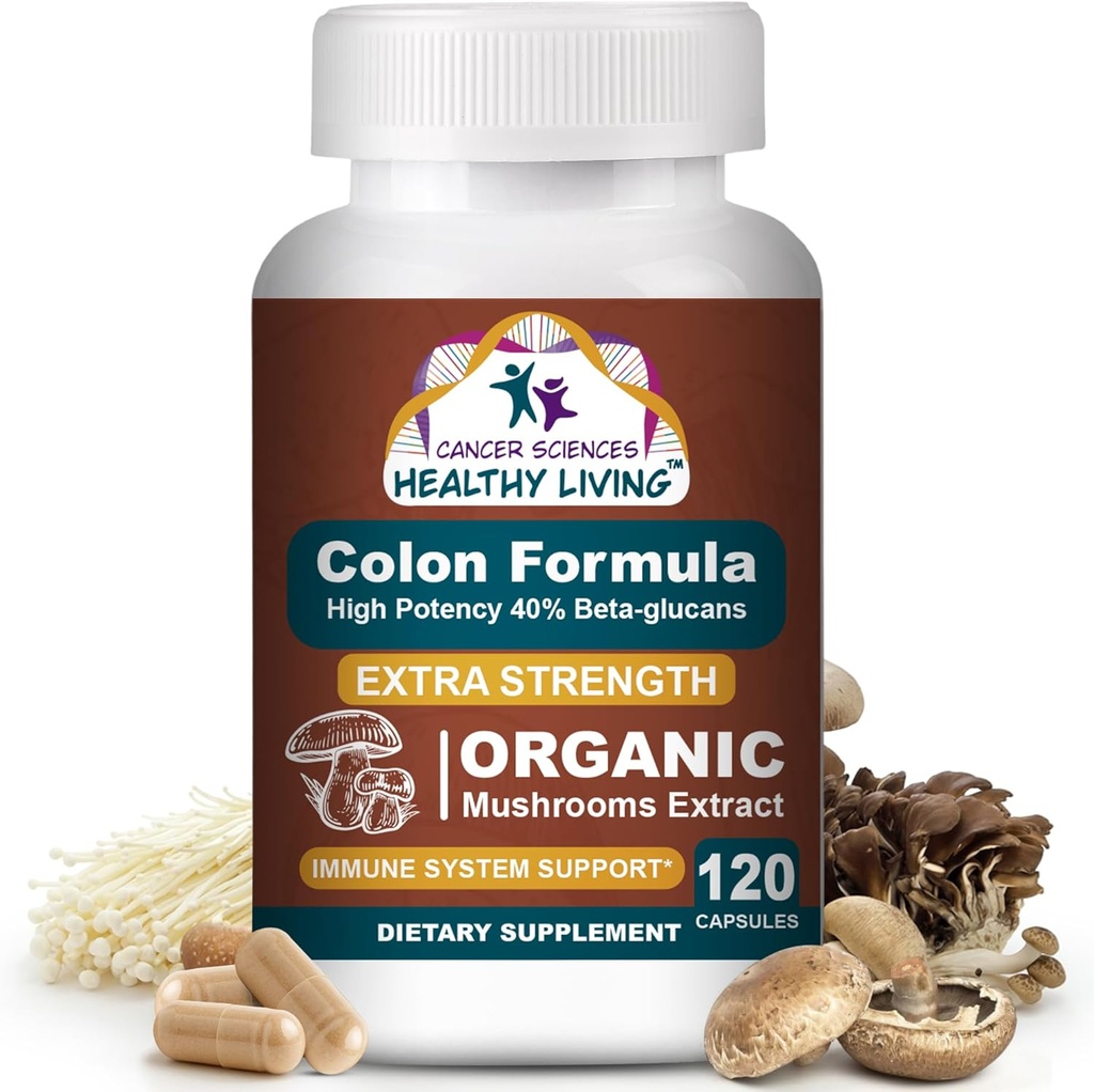 Cancer Sciences Colon Wellness Supplement, USDA Certified Organic Paddestoelen Extract, Extra Sterkte 1.500 mg, Hoge Potentie 40% Beta-Glucans, Immune, Gut & Digestief, Colon Reiniging & Detox, 120 Caps