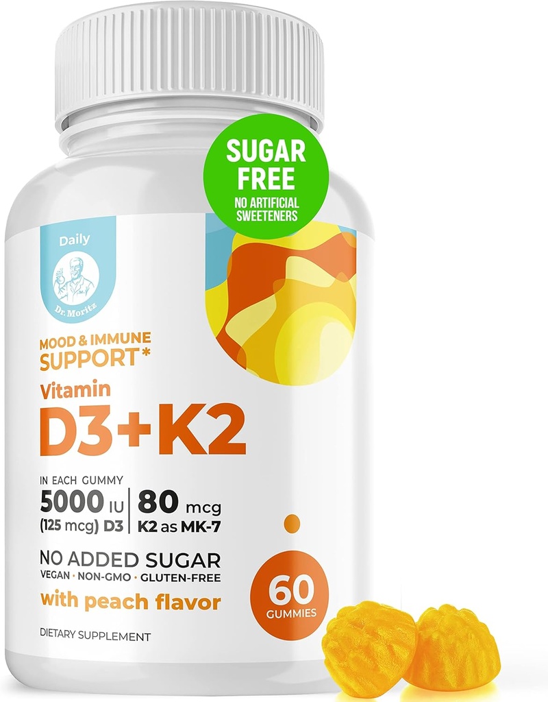 DR. MORITZ Vitamine D3 Gummies (5000 IE) met K2 - voor volwassenen en kinderen - Vitamine D3 K2 Gummies for Immune Support & Bone Health - Vegan, Sugar Free, Gluten Free (60 Tel.)