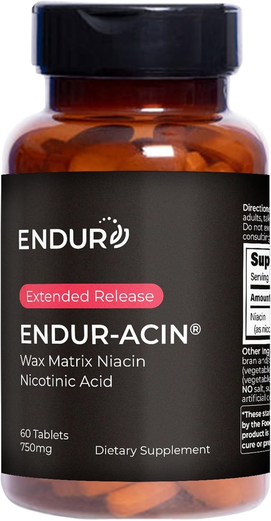 Endurance Products ENDUR-ACIN, Extended Release Niacin for Optimal Absorptie & Flush Free Niacin, Premium Vitamin B3 Niacin Supplements, 750mg, 60 Tablets