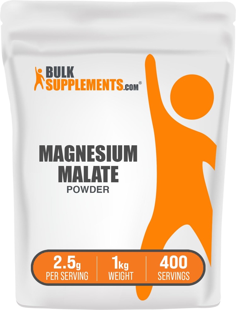 BulkSupplements.com Poudre de malate de magnésium - Suppléments de magnésium, biodisponibilité élevée - Sans aromatisé et sans gluten, 2,5g par portion, 1kg (2,2 lbs) (paquet de 1)