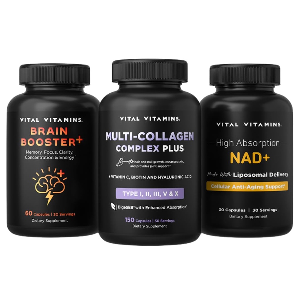 Vital Vitamins Age Defying Bundle: Multi-Collagen Plus, Brain Booster Plus, NAD+