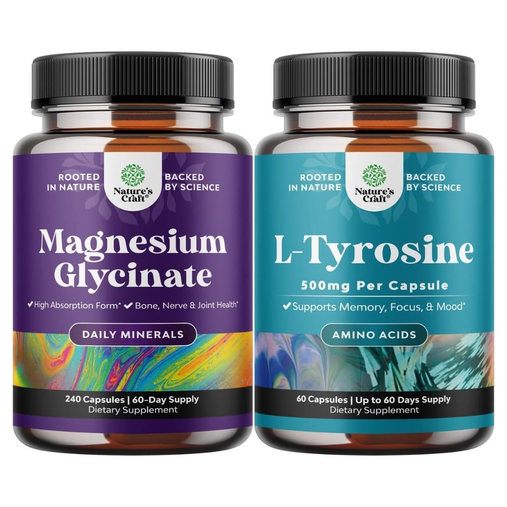 Ensemble de capsules Magnésium Glycinate à haute absorption pour Calmer Sleep Plus Muscle Bone & Nerve Support et sans forme L Tyrosine Capsules 500mg pour l'énergie mentale et Focus Support