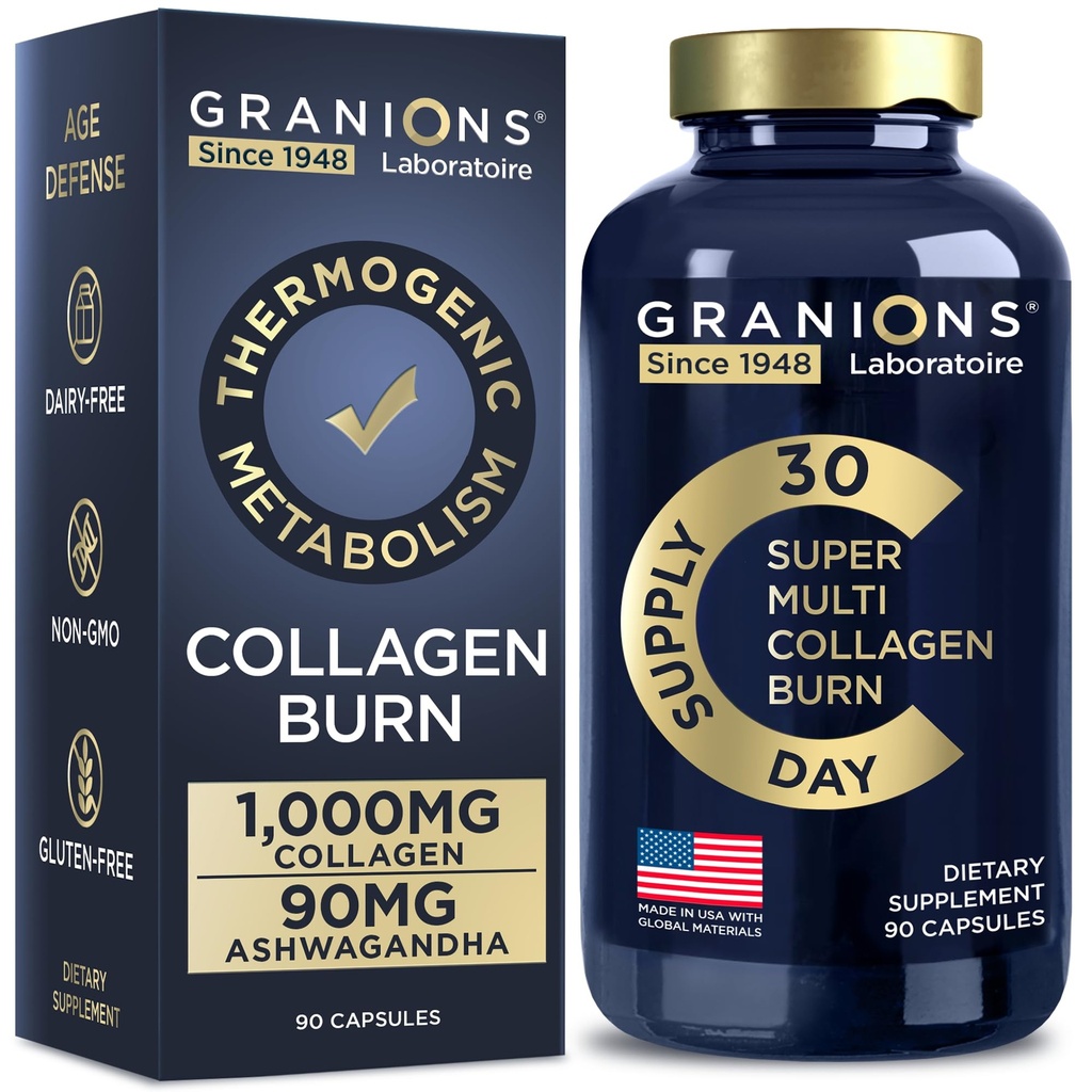 Granions Thermogénique Hydrolysed Collagen Burn - Acide hyaluronique, vitamine C - Cellulite Defense and Dermal Repair Multi Collagen Peptides Capsules pour femmes et hommes - 90 pilules