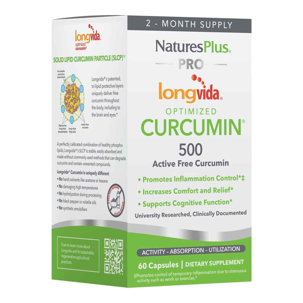 NaturesPlus PRO Longvida Curcumin 500 mg - 60 capsules - Bevordert gezonde vrije radicale bescherming - Niet-GMO, Veganistisch en Glutenvrij - 60 porties