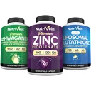 Nutrivein Premium Zinc Picolinate, Ashwagandha, and Liposomal Glutathione Supplement Bundle: Reduced Glutathione & Zinc Supplements for Men & Women for Immunity, Detox, Rest, & Recovery