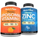 Nutrivein Premium Liposomal Vitamin C Capsules & Zinc Gluconate Supplements Bundle: High Absorption Zinc Gluconate + Liposomal Vitamin C Supplement Pair for Whole-Body Wellness, Defenses, & Vitality