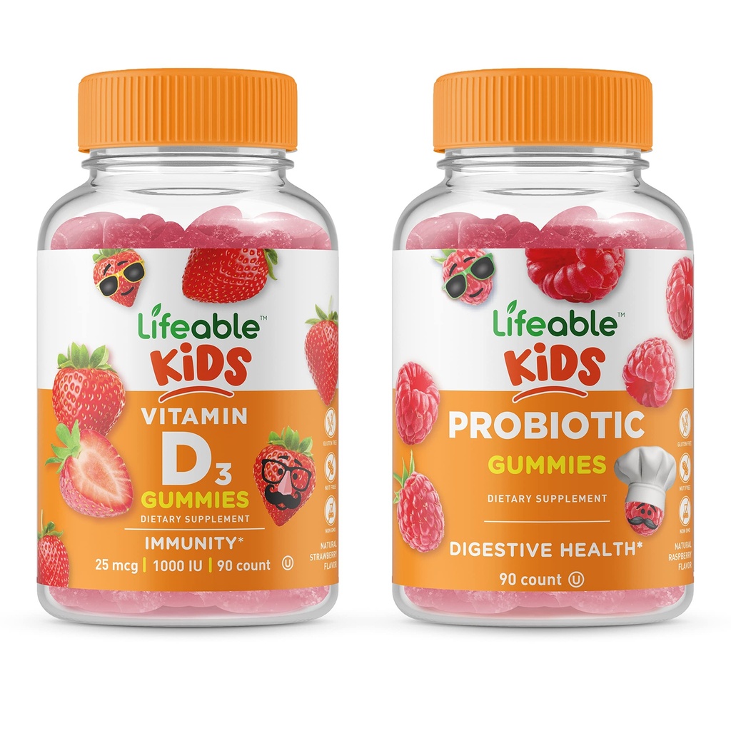 Lifeable Probiotic 2 Billion CFU Kids + Vitamin D Kids, Gummies Bundle - Great Tasting, Vitamin Supplement, Gluten Free, GMO Free, Chewable Gummy
