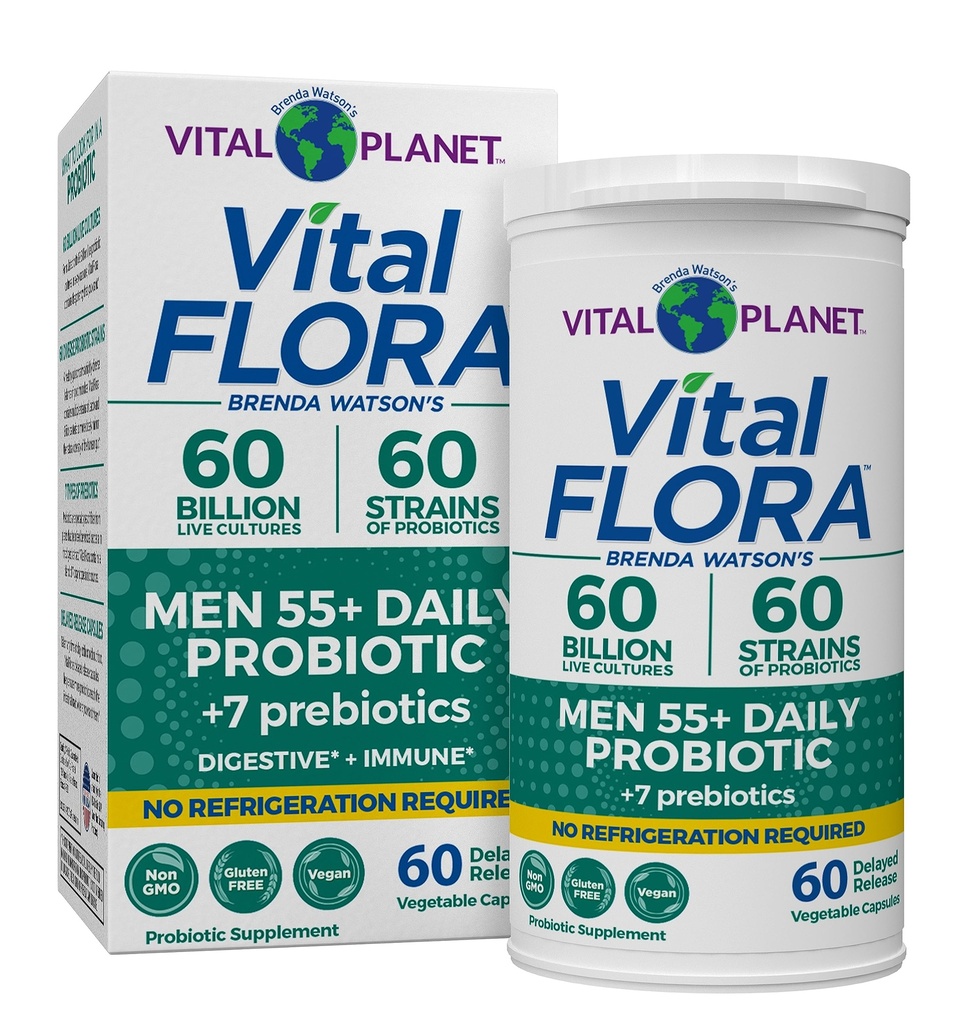Vital Planet - Vital Flora Men Plus de 55 Probiotiques quotidiens, 60 Million CFU, Démarches diverses, Prébiotiques organiques, Soutien immunitaire, Probiotiques stables du plateau digestif pour les hommes, 60 Capsules