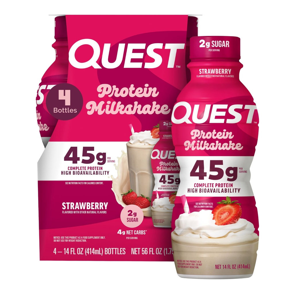 Quest Nutrition Strawberry Protein Shake, 45g Protein, 2g Sugar, 4g Net Carbs, Ready to Drink, Gluten Free, 4 Count