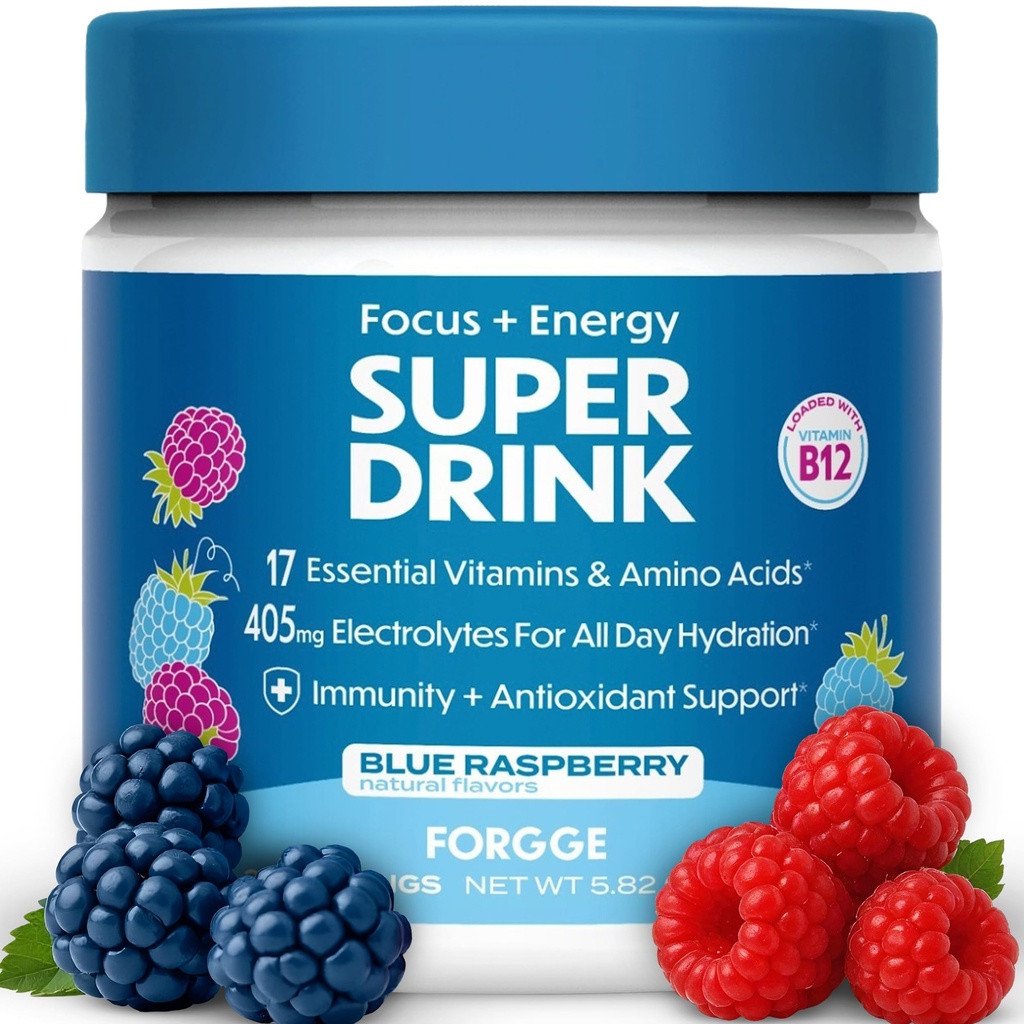Forgge Healthy Energy Drink Mix - Clean Caffeine + B12, B6, C & D Vitamins - Sugar Free Energy Drink Powder with Electrolytes, Amino Acids, Antioxidants, Lions Mane - Vegan, Keto-Friendly - 30 SVG, Blue Raspberry
