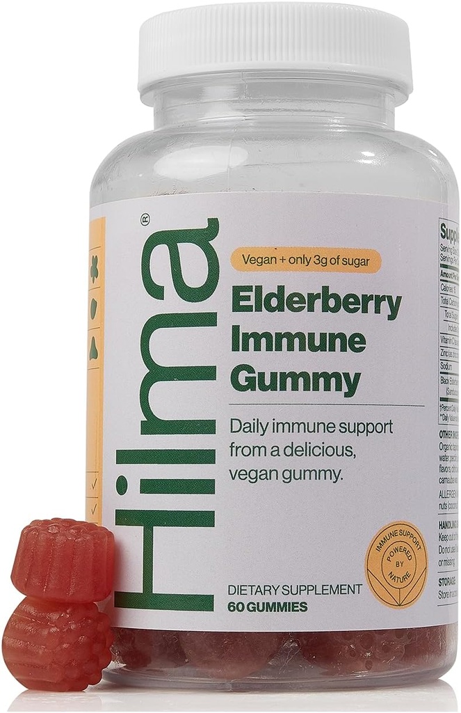 Hilma Vlierbessen Gummies samengesteld met vitamine C & Zink, Natuurlijk, Veganistisch, Klinisch Bewezen Ingrediënten, Immuun Ondersteuning Supplement Plus Antioxidanten, Natuurlijke Berry Flavor (60 Gummies)