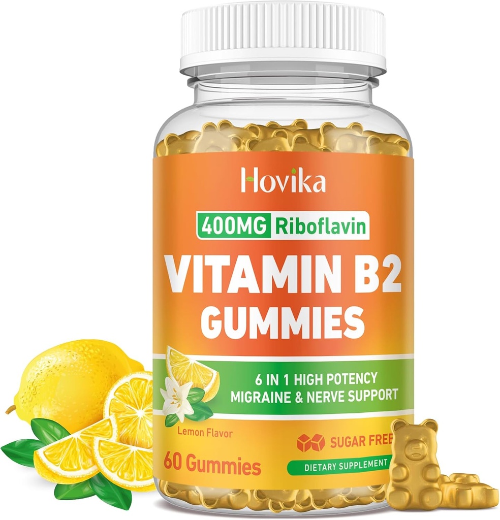 Vitamine B2 Gummies Riboflavine 400 mg Supplement voor mannen en vrouwen - Pure Magnesium, Ashwagandha, CoQ10, Omega 3, Vitamine B12 - Migraine Relief & Energy, Nervery System Support - Sugar Free, 60 Tel.