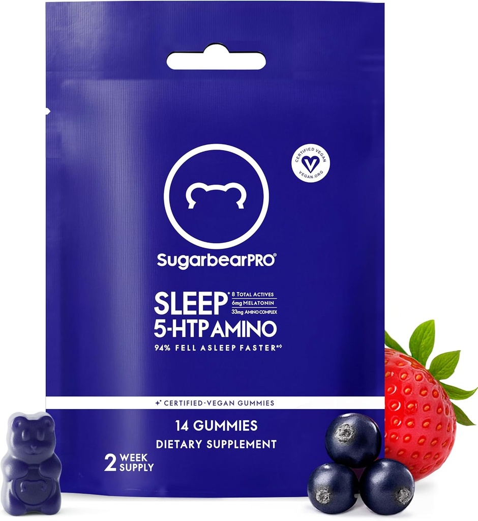 SugarBearPro Sleep Gummy 14 Day Supply, Extra Strength Melatonine 6mg, voor mannen & vrouwen, Vegan Vitamine B6, L-Theanine, 5 HTP, Valeriaan, Slaaphulp voor volwassenen & tieners, Gecertificeerde Kosher