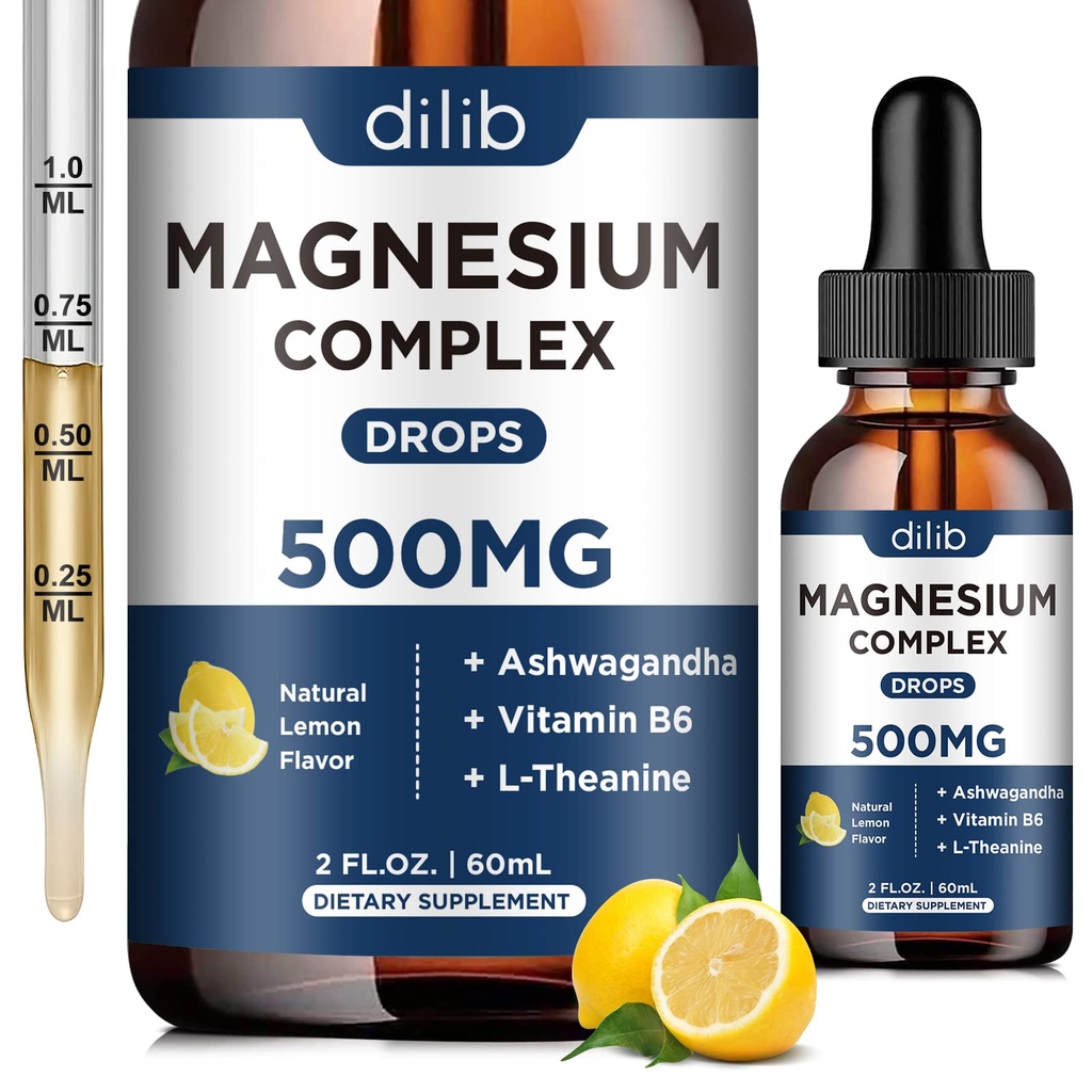 Glycinat de magnésium gouttes liquides, supplément triple complexe de magnésium avec citrate, malate 500mg Ashwagandha, L-Theanine, vitamine B6 pour le sommeil, calme, soulagement du stress, os, musculation, arôme de citron