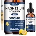 Glycinat de magnésium gouttes liquides, supplément triple complexe de magnésium avec citrate, malate 500mg Ashwagandha, L-Theanine, vitamine B6 pour le sommeil, calme, soulagement du stress, os, musculation, arôme de citron