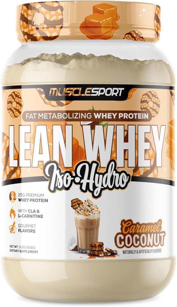 Musclesport Lean Whey RevolutionTM Protein Powder - Wei Protein Isolaat - Low Calorie, Low Carb, Low Fat, Incredible Flavors - 25g Proteïne per Scop (2LB, Coconut Caramel)