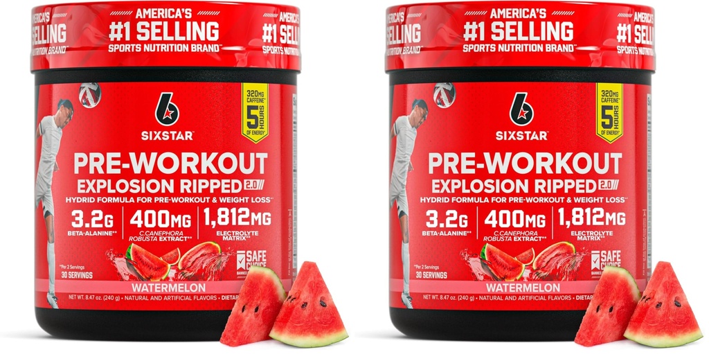 Six Star Pre-Workout Explosion,Watermelon (30 Servings)-Preworkout Energy Powder Supplement for Men&Women-Pre Workout Drink Mix with Creatine&Beta Alanine-Sports Nutrition Products,(Pack of 2)
