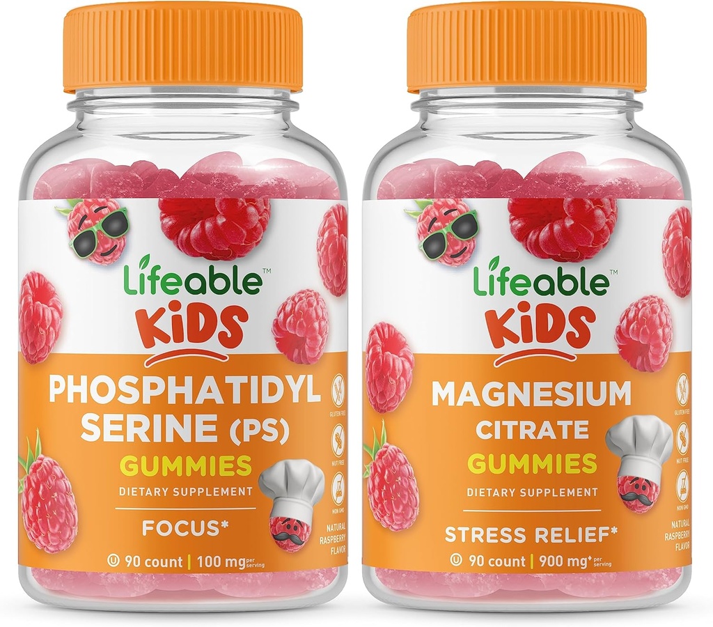 Levensbaar Fosfatidylserine (PS) Kinderen + Magnesium Kids, Gummies Bundle - Grote Proeverij, Vitamine Supplement, Glutenvrij, GGO-vrij, Kauwgom