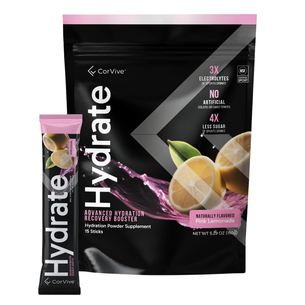 CorVive Hydrate Electrolyte Drink Mix | Pink Lemonade Flavor | NSF Certified | Electrolytes, Vitamin C, Magnesium, Zinc, Potassium | Used by Athletes & US Military | Boost Performance | 15 Packs