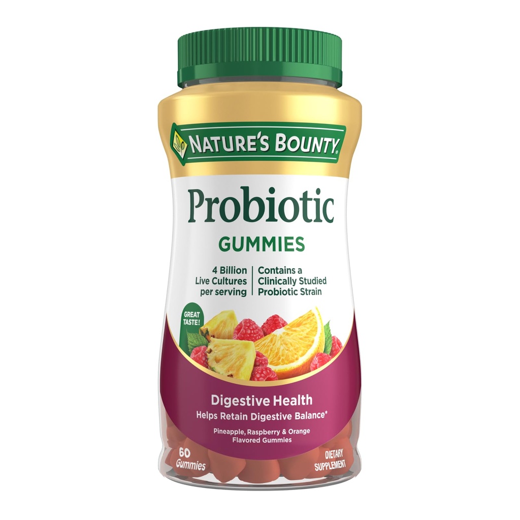 Nature's Bounty Probiotic Gummies, Immune Health & Digestive Balance, Pineapple, Raspberry and Orange Flavor Gummies, 60 Ct