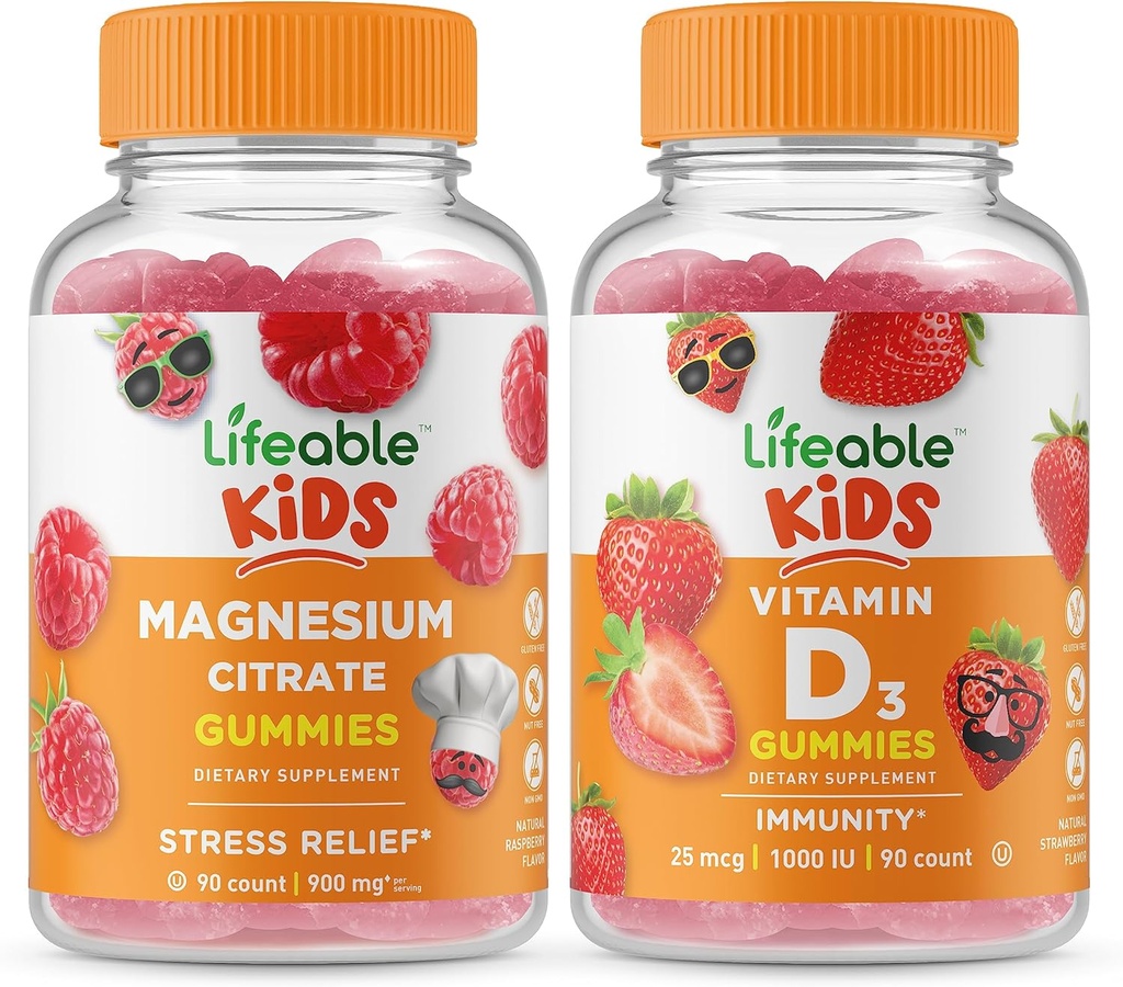 Levensvatbare Magnesium Kids + Vitamine D Kids, Gummies Bundle - Grote Proeverij, Vitamine Supplement, Glutenvrij, GGO-vrij, Kauwgom