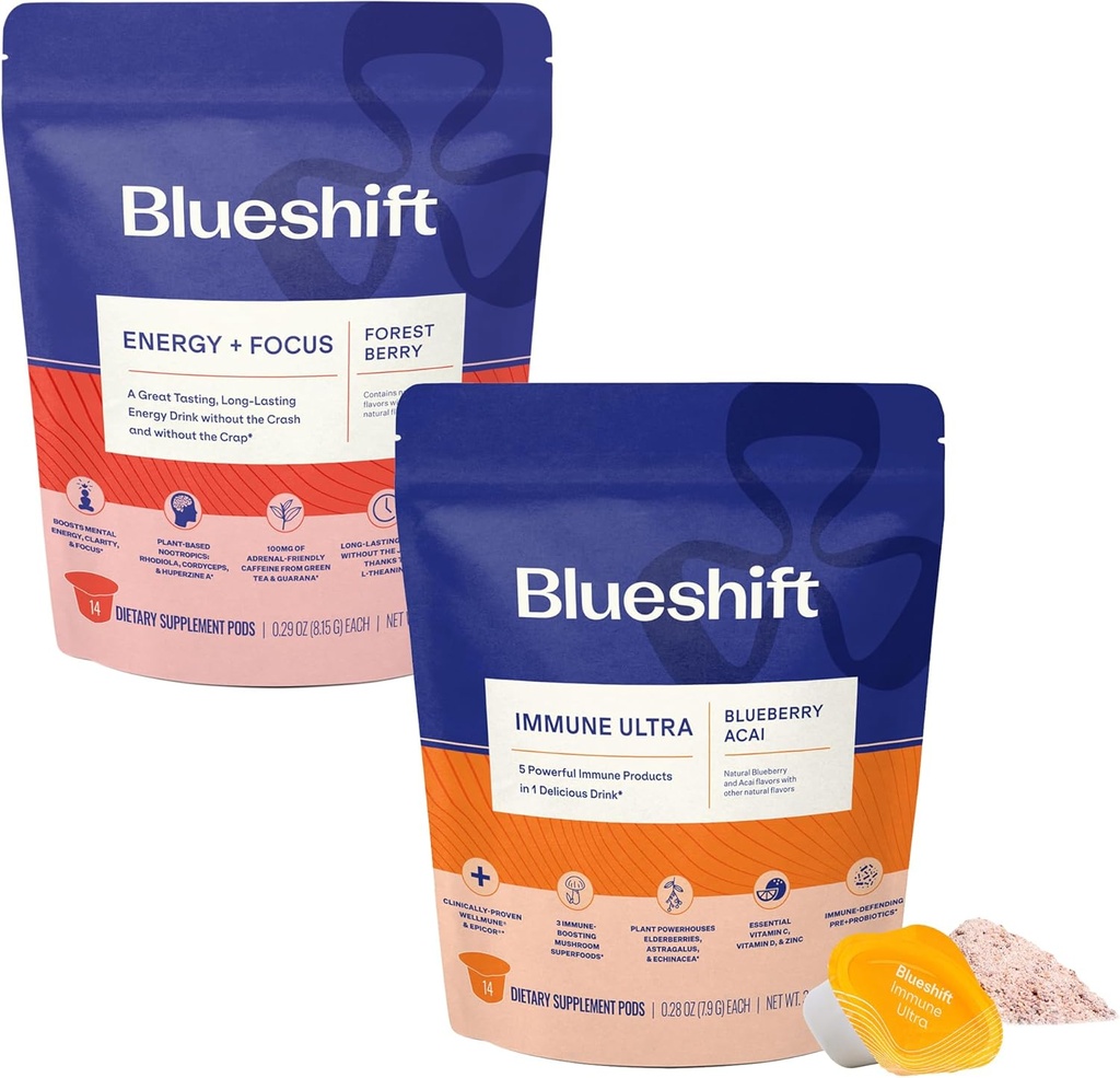 Blueshift Energy + Focus & Immune Ultra Bundle - Energy Drink Pods, Immune Support Powder, Drink Mixes for Energy & Immune Defense, Vitamine Supplement - Energy+Focus (14 Pack) & Immune Ultra (14 Pack)