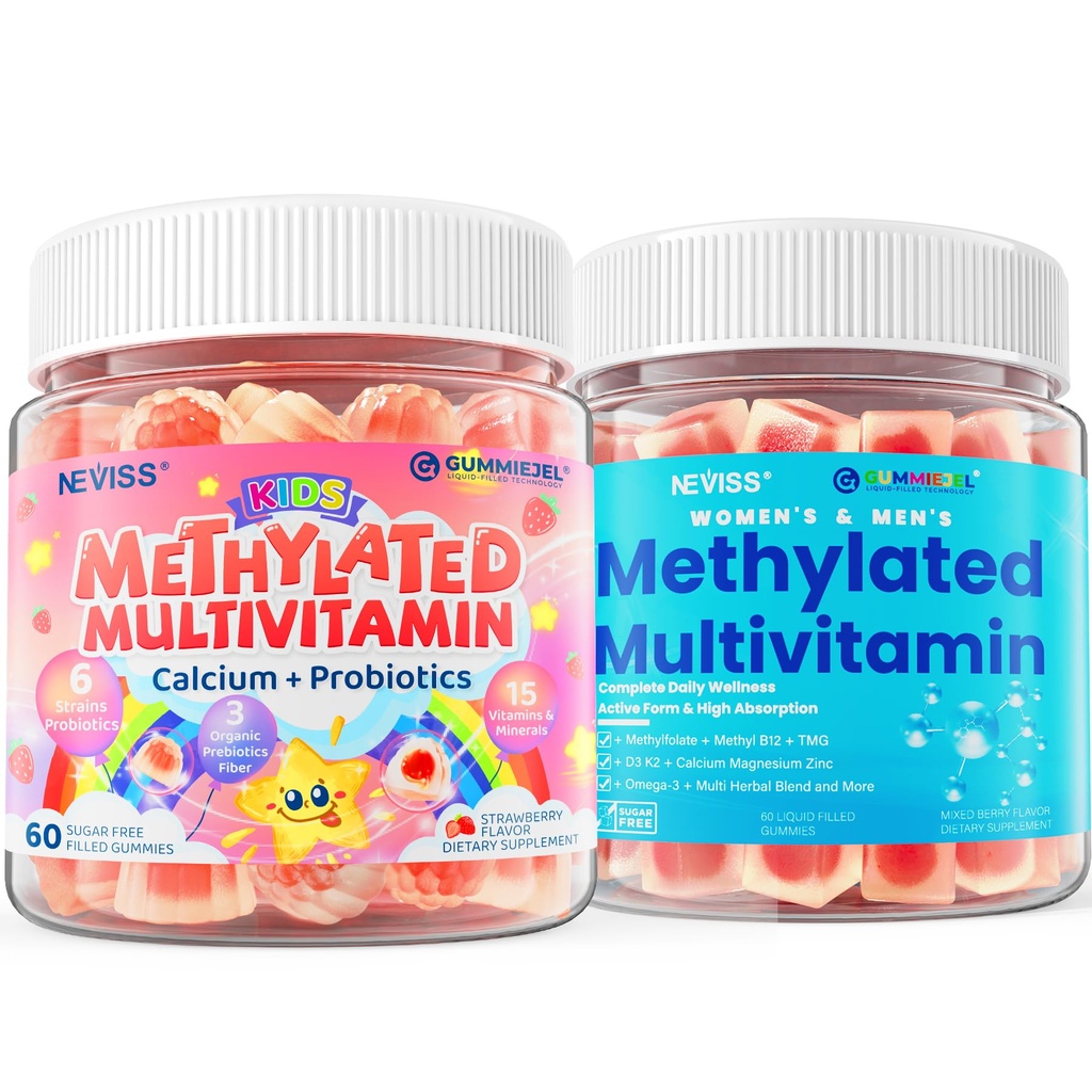 Kids Multivitamin Gummies + Calcium, Probiotics, Vitamin D3, C, Methylated B12 & Methylfolate for Kids 4+, + Methylated Multivitamin for Women & Men Gummies w/ Omega-3, Calcium, D3 K2, & B12, TMG