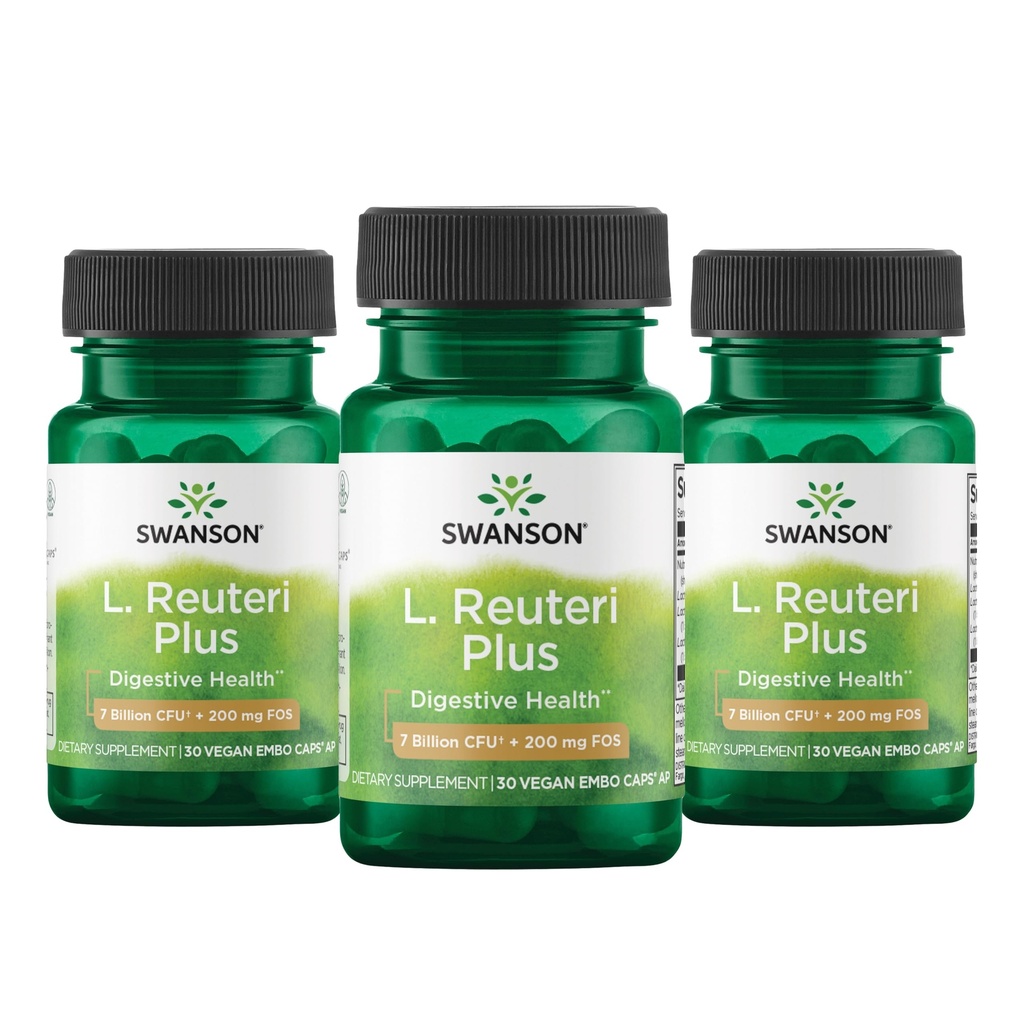 Swanson L. Reuteri Probiotic Plus w/L. Rhamnosus L. Acidophilus & FOS Prebiotic Digestieve Ondersteuning - Bevordert Gut Health w/7 Miljard CFU per capsule - (30 Veggie Capsules) (3 Pack)