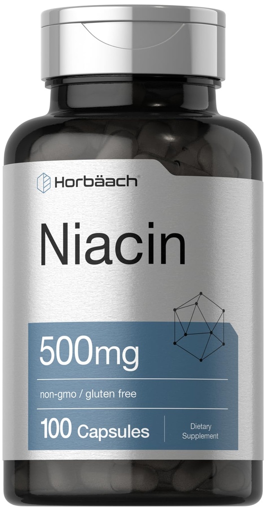 Horbäach Niacine (Vitamine B3 500mg) 100 capsules avec flushing (non-OGM) et supplément sans gluten