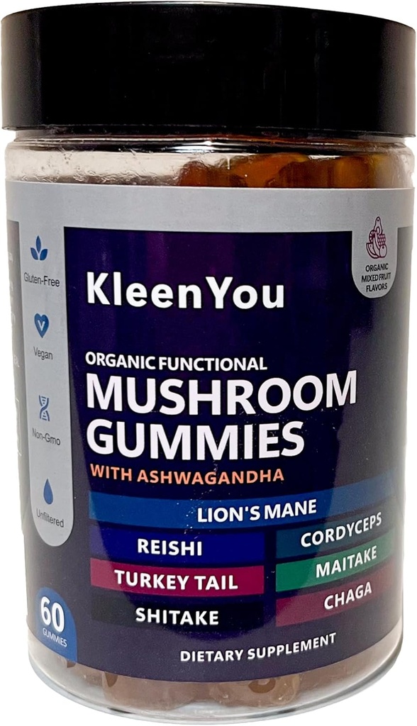 Lion's Mane & Ashwagandha Supplement Gummies - Uitgebreide paddo supplement voor Cognitive & Immune Support, Vegan Blend met Reishi, Cordyceps - Low Carb, 60 Organic Mushroom Gummies