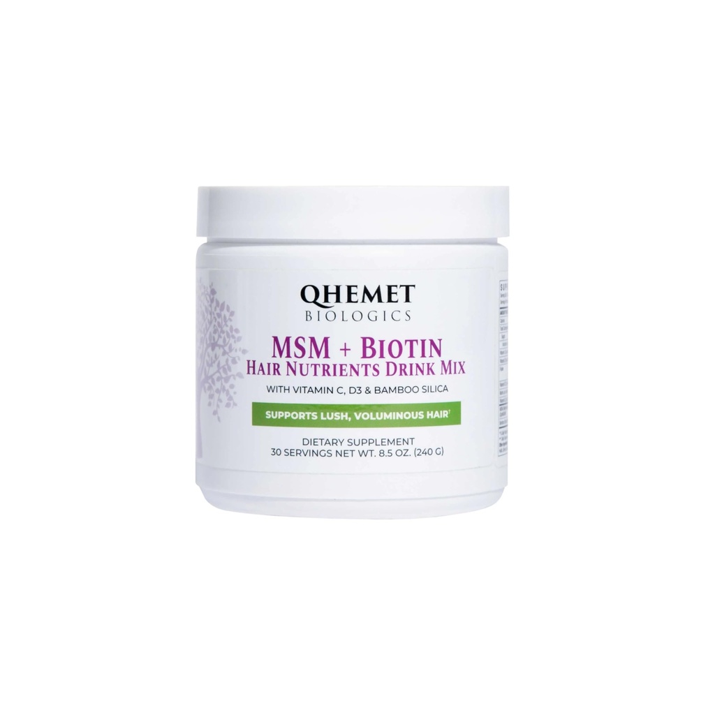 Qhemet Biologics MSM + Biotin Hair Nutrient Drink Mix - Vitamins Powder to Support Lush Volume - Bamboo Silica & Vitamins D3 + B12 for Hair Health - Jumpstart Your Hair Growth Journey (8.5 oz)