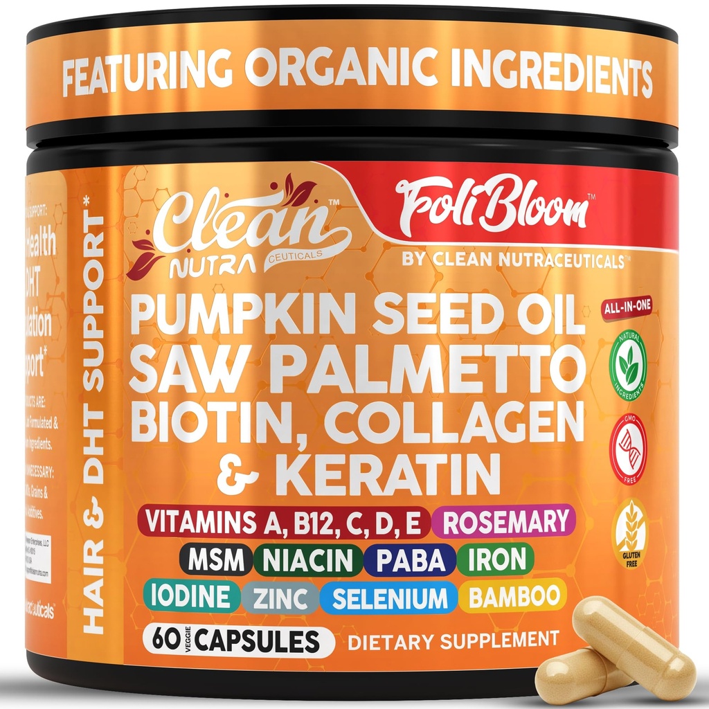 Clean Nutra Pumpkin Seed Oil Capsules + Saw Palmetto Biotin Collageen Keratine MSM Folaat Hyaluronzuur Supplementen B12 Zink Hair Supplement voor vrouwen Mannen Jodium 5-MTHF B-12 Vitamine B9-60 Pillen