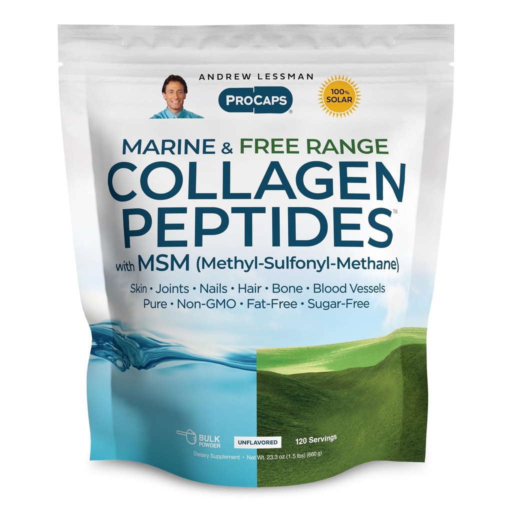 ANDREW LESSMAN Marine, Free Range Collagen Peptides Powder and MSM 120 Servings - Supports Radiant Smooth Soft Skin, Comfortable Joints. Super Soluble No Fishy Flavor No Additives Non-GMO