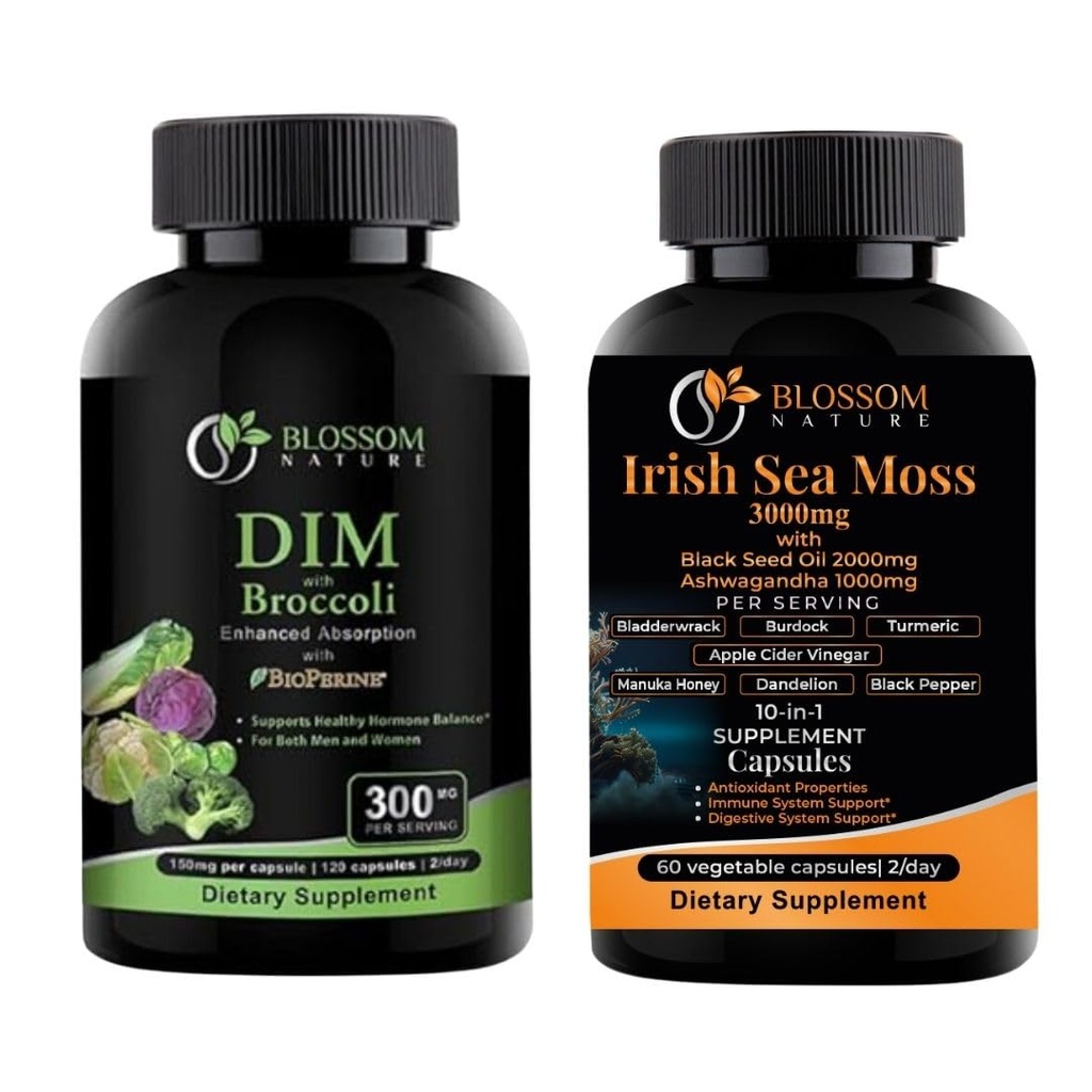 DIM Supplement 300mg with Broccoli and Irish Sea Moss 3000mg 10 in 1 Supplement in Vegeatable Capsules with Black Seed Oil, Ashwagandha and More Essential Vitamins