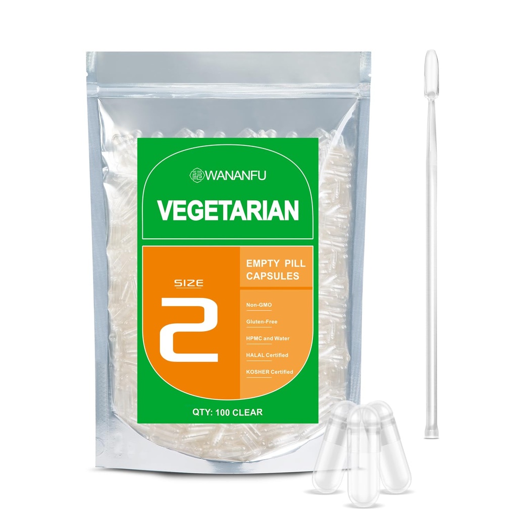 wananfu Taille 2 Capsules vides Végétarien (100 Nombre) Ensemble avec 2 cuillères Micro Lab, Effacer les capsules de pilules Veggie Taille 2 pour faire vos propres suppléments