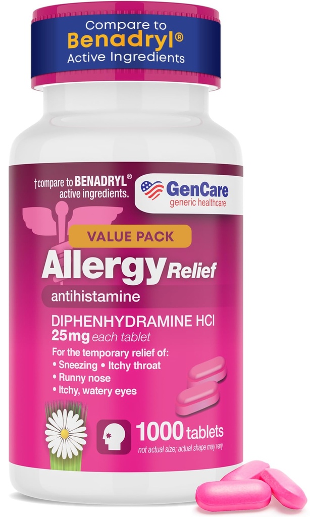GenCare Allergy Relief Medicine – Bulk Value 1000 Count Diphenhydramine 25mg – Antihistamines for Adults for Congestion, Sneezing, Runny Nose, Itchy Eyes & Throat – Pink