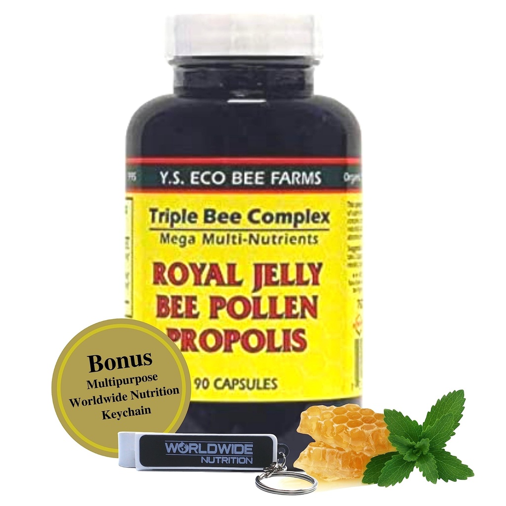 YS Organics Triple Bee Complex, Royal Jelly, Bee Pollen, Propolis - De kracht van de natuur verpakt in 90 capsules met Bonus worldwidenutrition Multi Purpose Key Chain