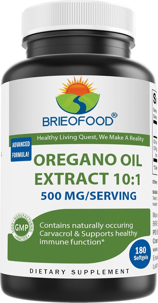 Brieofood Oregano Oil 10:1 Extract 500 mg per portie - Bevat natuurlijk voorkomende carvacrol - gezonde immuunfunctie - 180 Softgels