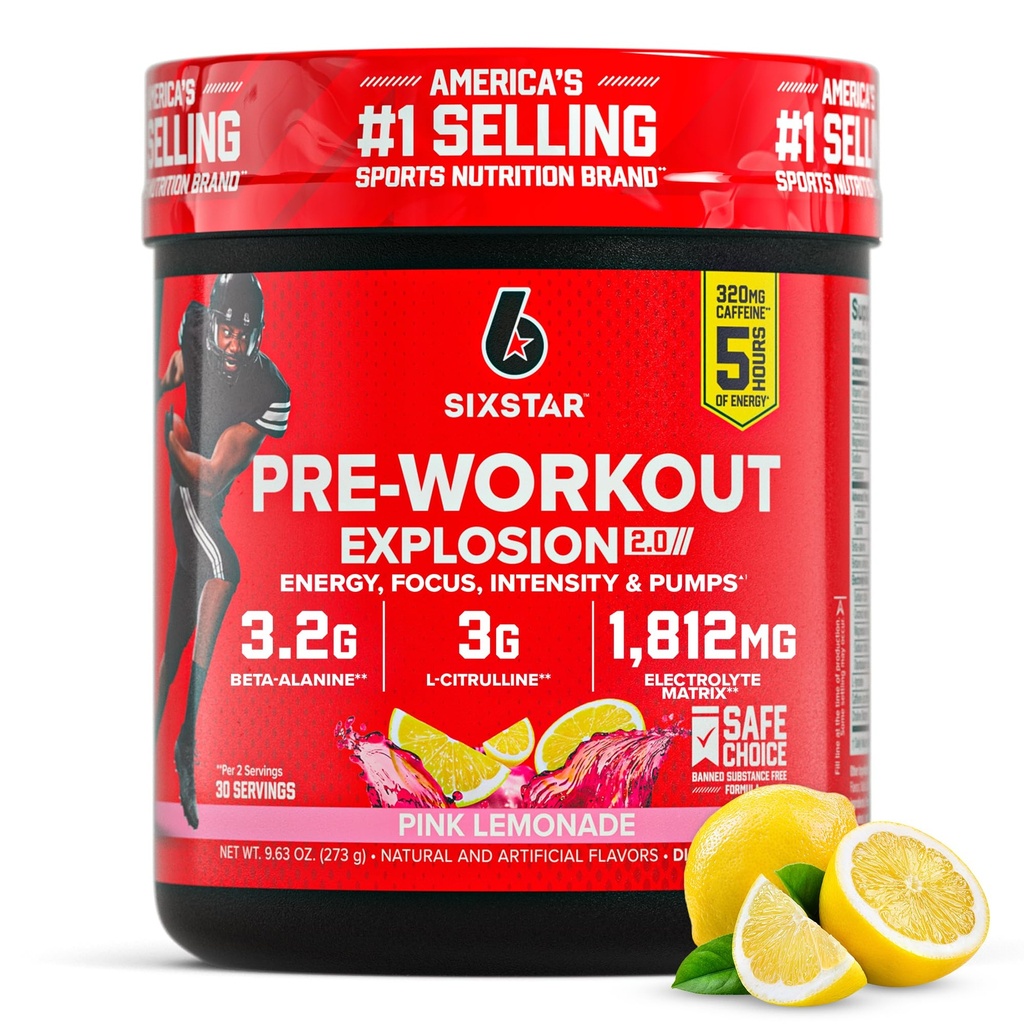 Six Star Pre-Workout Powder for Men & Women, Pink Limonade (30 Servings) - Preworkout Explosie 2.0 Energy Powder Drink Mix with Beta-Alanine & Cafeine - Sports Nutrition Supplement Products