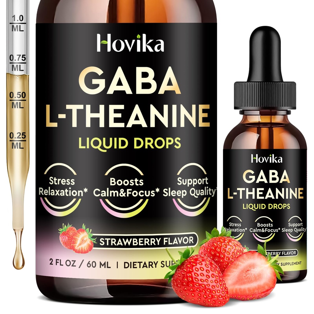 GABA L-Theanine Drops - Liquid GABA L-Theanine Supplement with L-Theanine, Ashwagandha, Magnesium Glycinate, Vitamin C, B6 - Support Sleep, Relaxation, Calm Mood & Focus - Strawberry Flavor, 2 Fl Oz