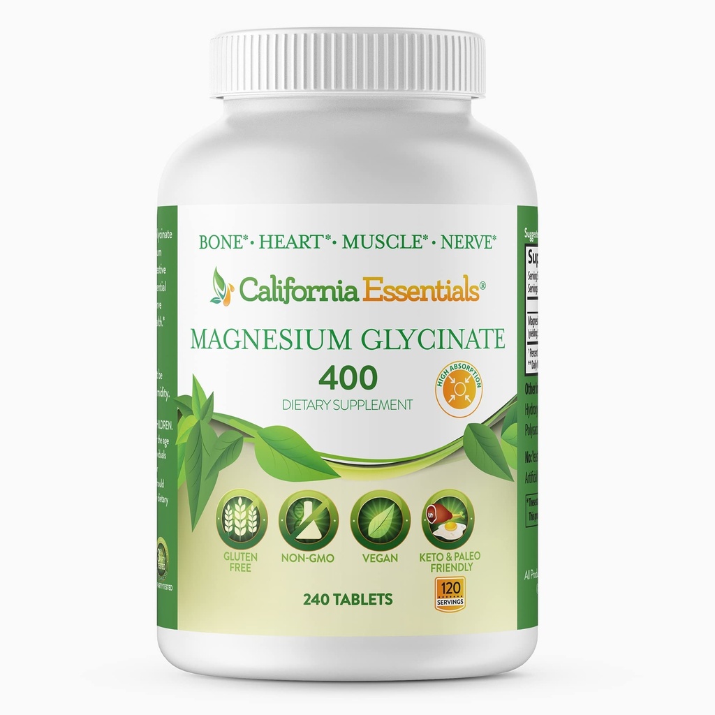 Magnésium Glycinate 400 - Chélaté, haute absorption Magnésium pour le soulagement musculaire, os et soutien cardiaque -Vegan, non-OGM, comprimés sans gluten 240 (servies 120, portions (2) comprimés de 200mg)