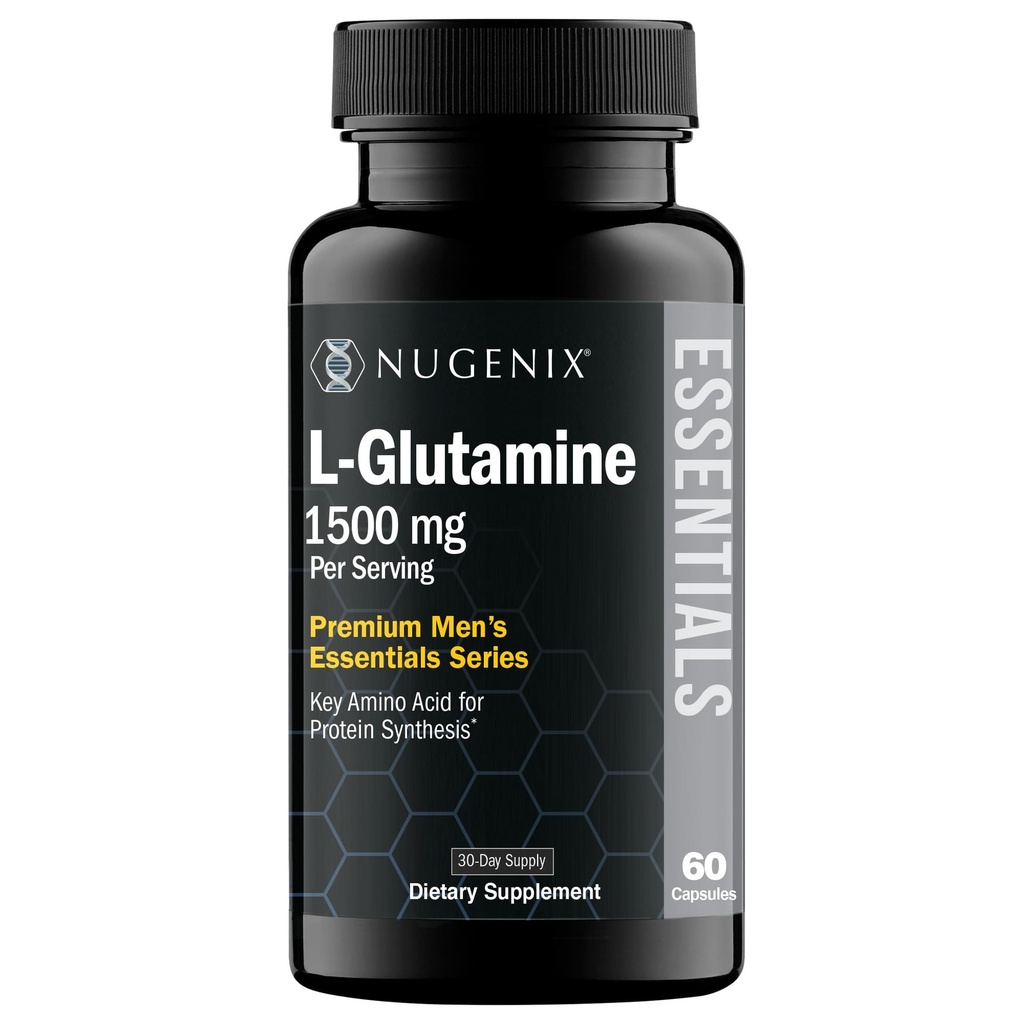 Nugenix Essentials L-Glutamine, 1500mg 100% Botanique L-Glutamine Amino Acid, Protéine Synthèse, Soutien Fonction Cellulaire, 60 Capsules