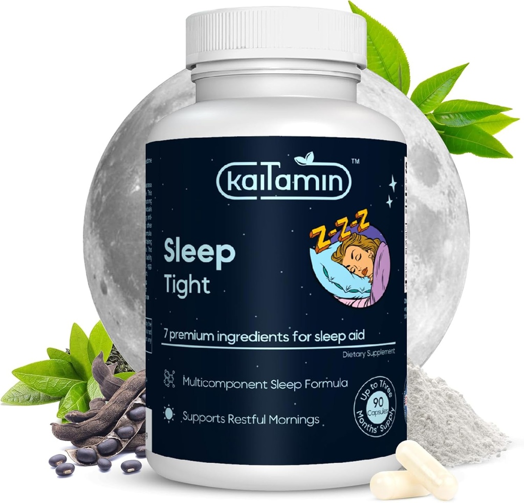 Melatonine Natuurlijke Slaaphulp, Theanine, 5-HTP, GABA, Mucuna pruriens, Phellodendron en Magnesium voor Slaap & Stress Ondersteuning, 90 Capsules 45 Days Supply - 7 in 1 Slaaphulp