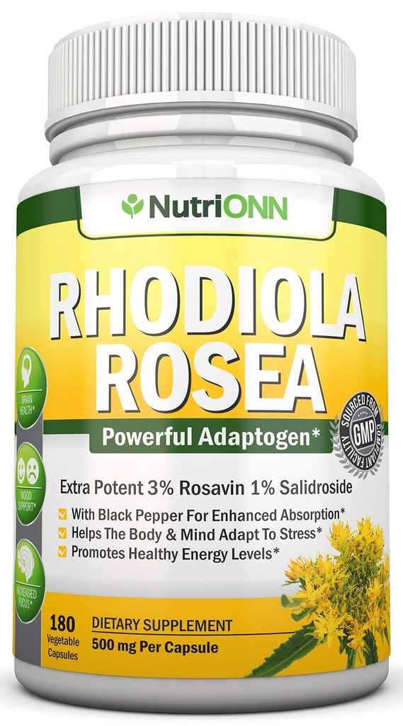 Rhodiola Rosea - 500mg - 180 Vegan Capsules - 3% Rosavin 1% Salidroside Extract - Non-GMO - with Black Pepper for Enhanced Absorptie - 6 maand supply - Supplement for Energy & Stamina