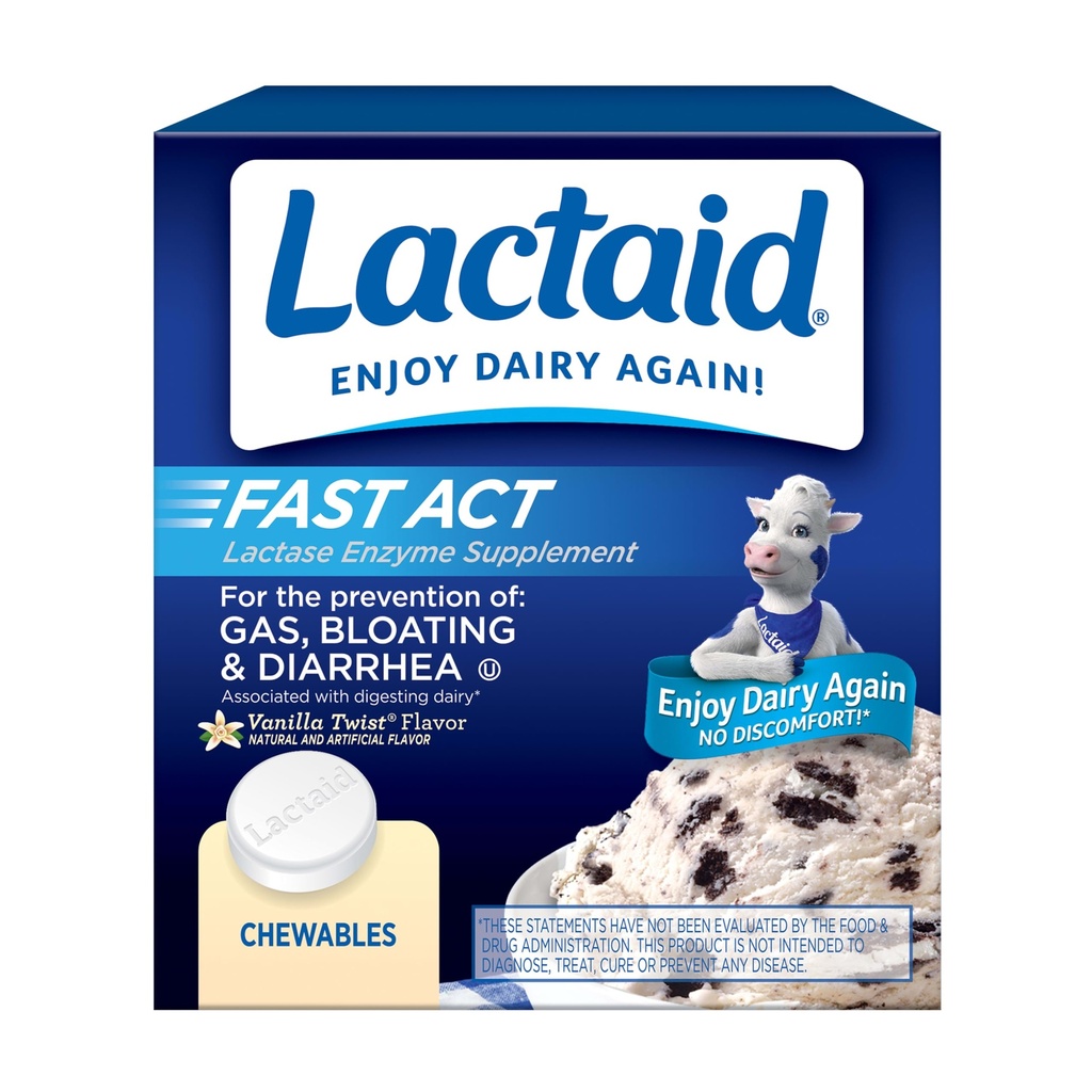 Lactaid Fast Act Lactose Intolérance Relief Chewables with Natural Lactase Enzyme to prevent Gas, Bloaging & Diarrhée Du fait de la sensibilité à la lactose, On-the-Go, Vanilla Twist Flavor, 60 x 1 ct